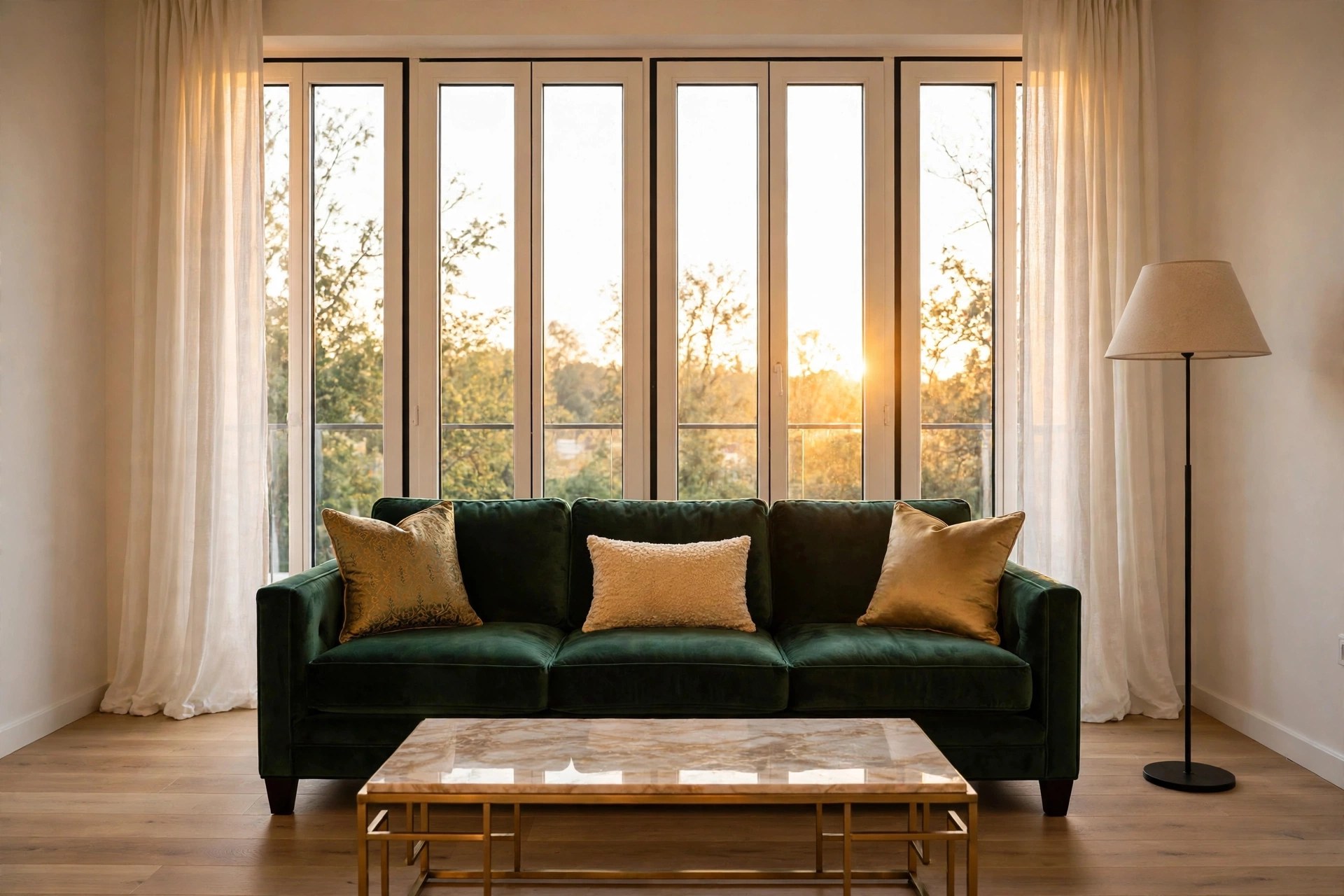 Same living room dressed in stunning emerald velvet and designer cushions by Kadariya Furnishing