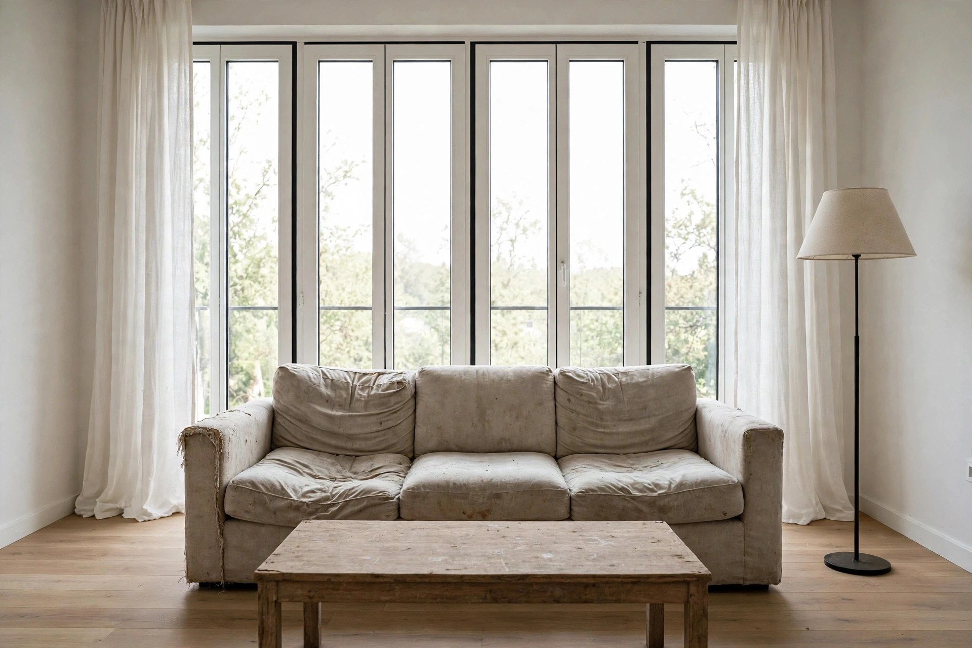 Same living room with old worn-out outdated furniture